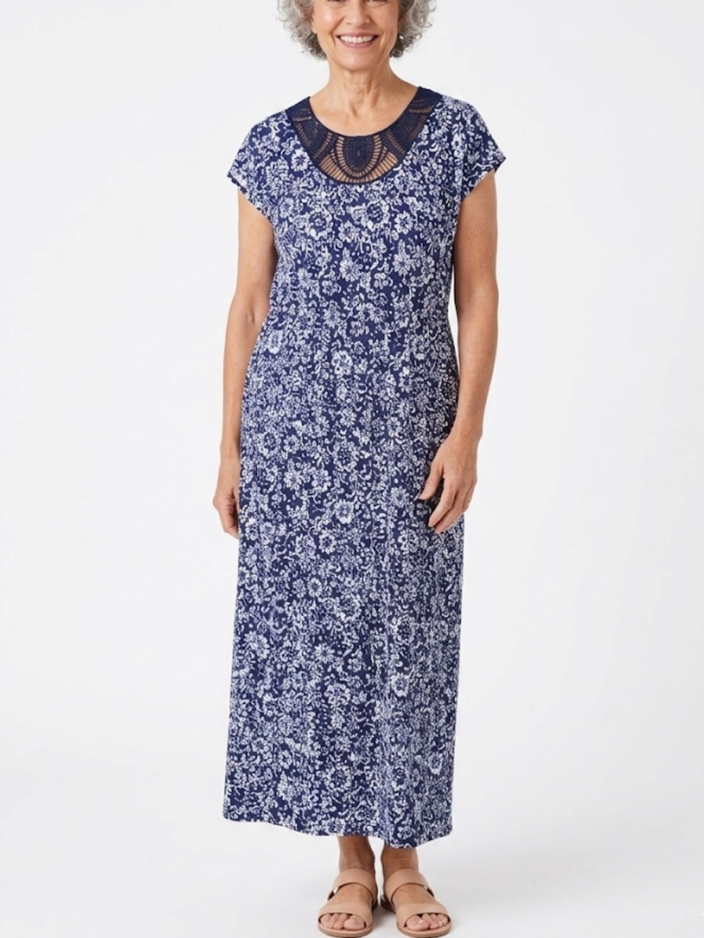 LANDS' END Large Blue White Print Maxi Dress Comfy Casual Office Cottagecore
